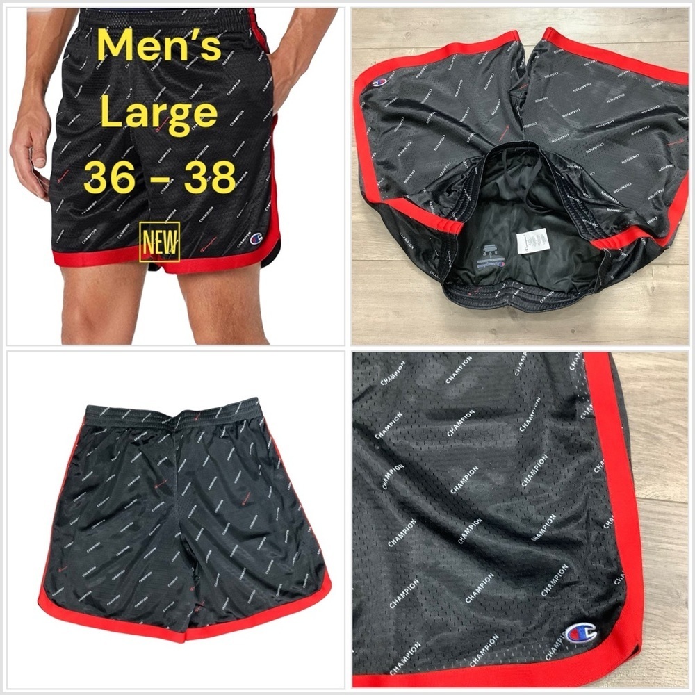 Mens Champion Large Shorts Logo Black Red Basketball Jersey Mesh Drawstring NWOT